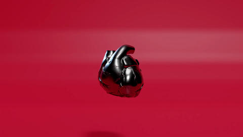 CGI Rendering of a human heart with the Surface texture of polished metal floating in front of an infinite red Background.